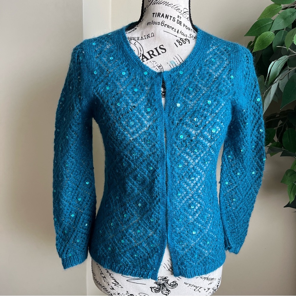 Banana Republic Factory Y2K Mohair Wool Blend Sequin Cardigan Teal Sz XS